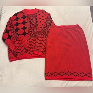 VINTAGE! Red and Black Wool Blend Patterned Skirt Set, sz M